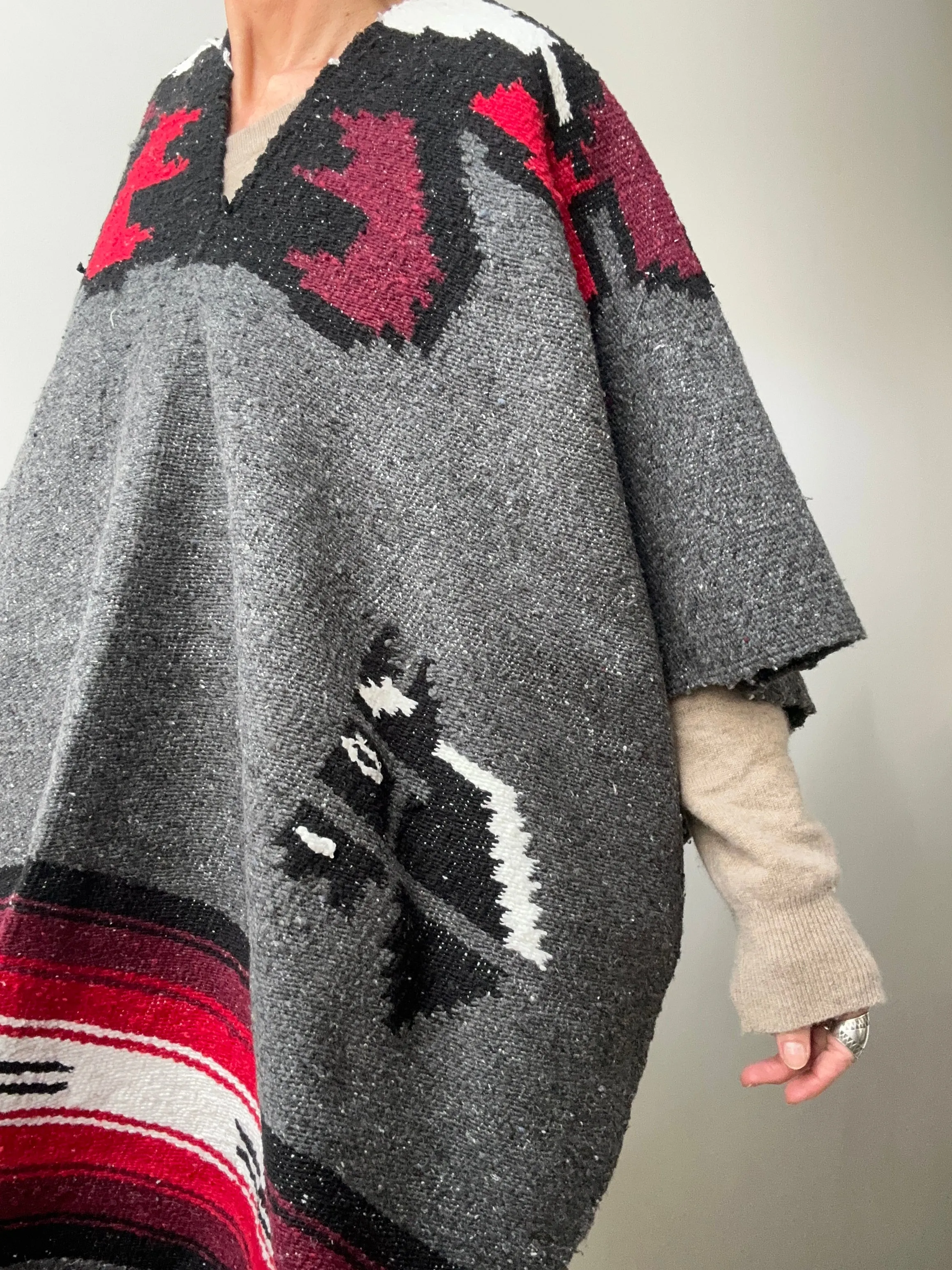 Mexican Poncho Red & Grey