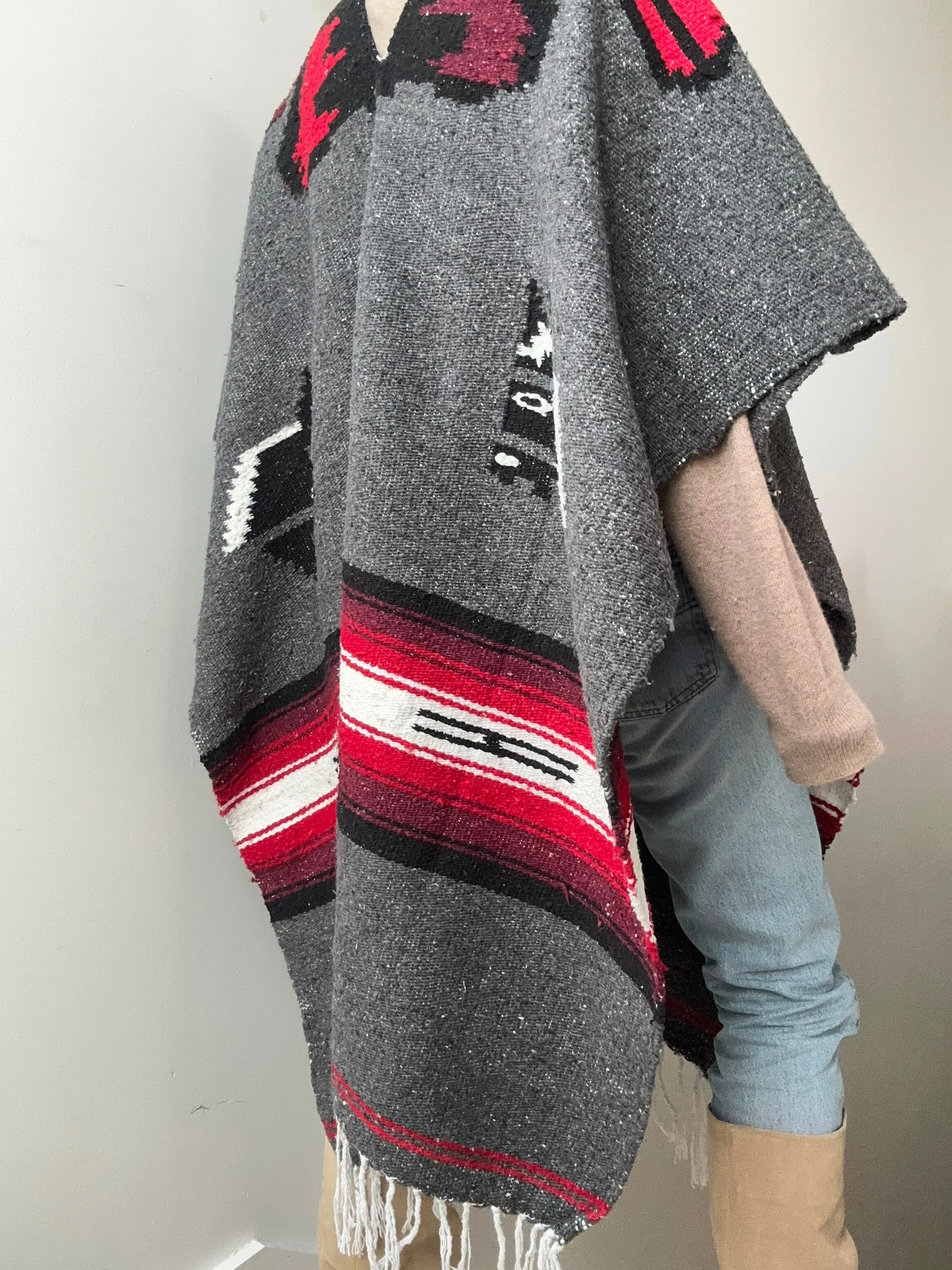 Mexican Poncho Red & Grey