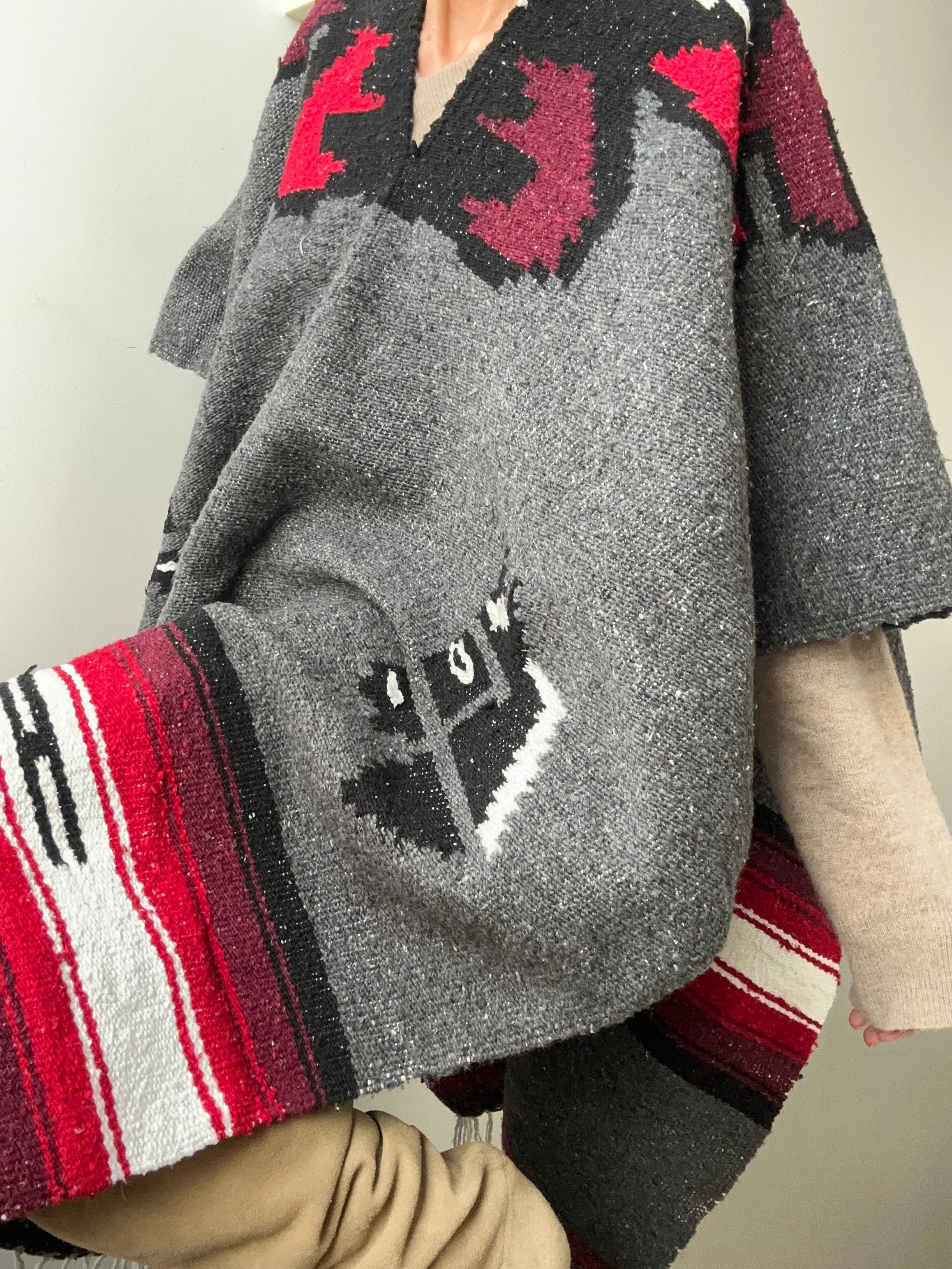 Mexican Poncho Red & Grey