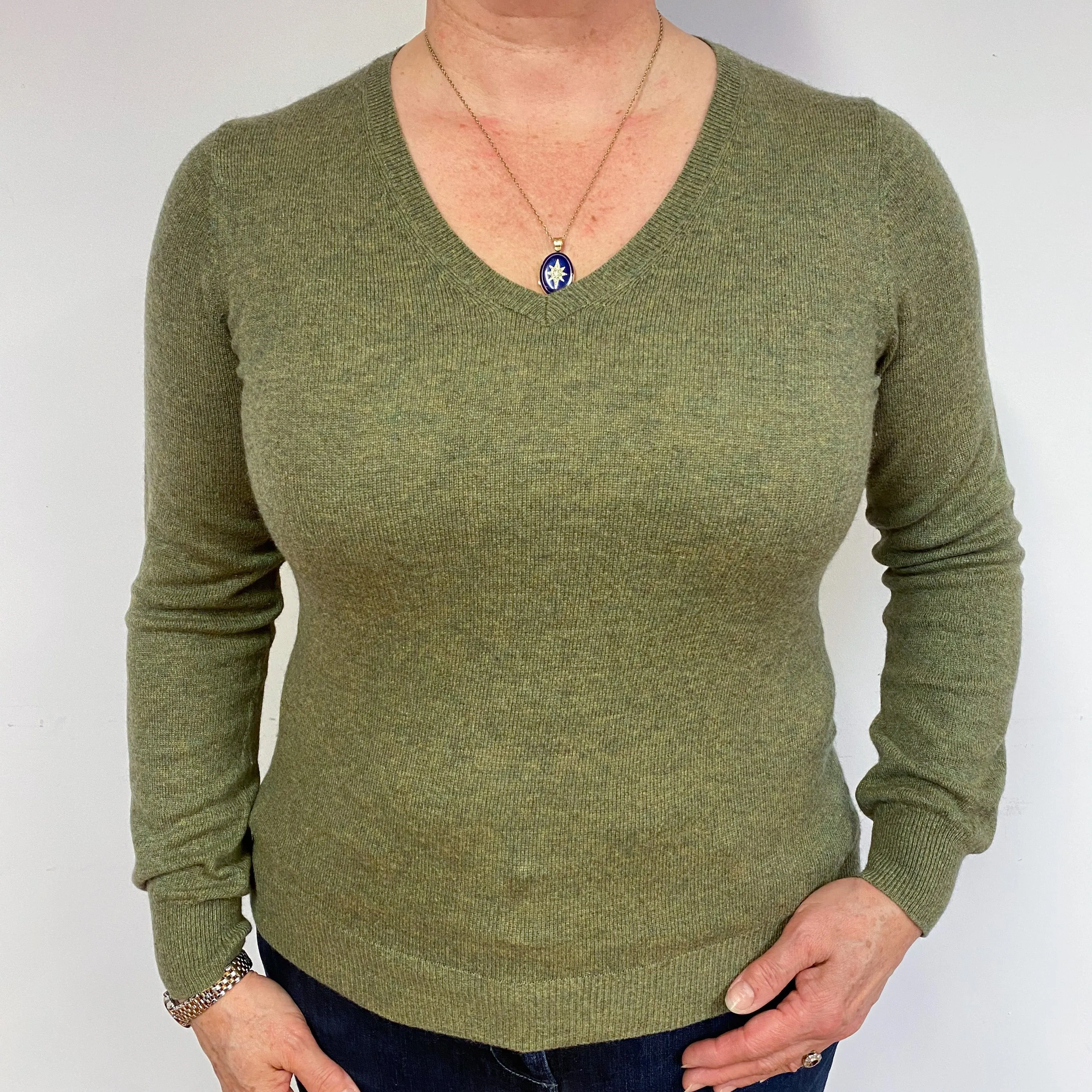 Olive Green Cashmere V-Neck Jumper Large