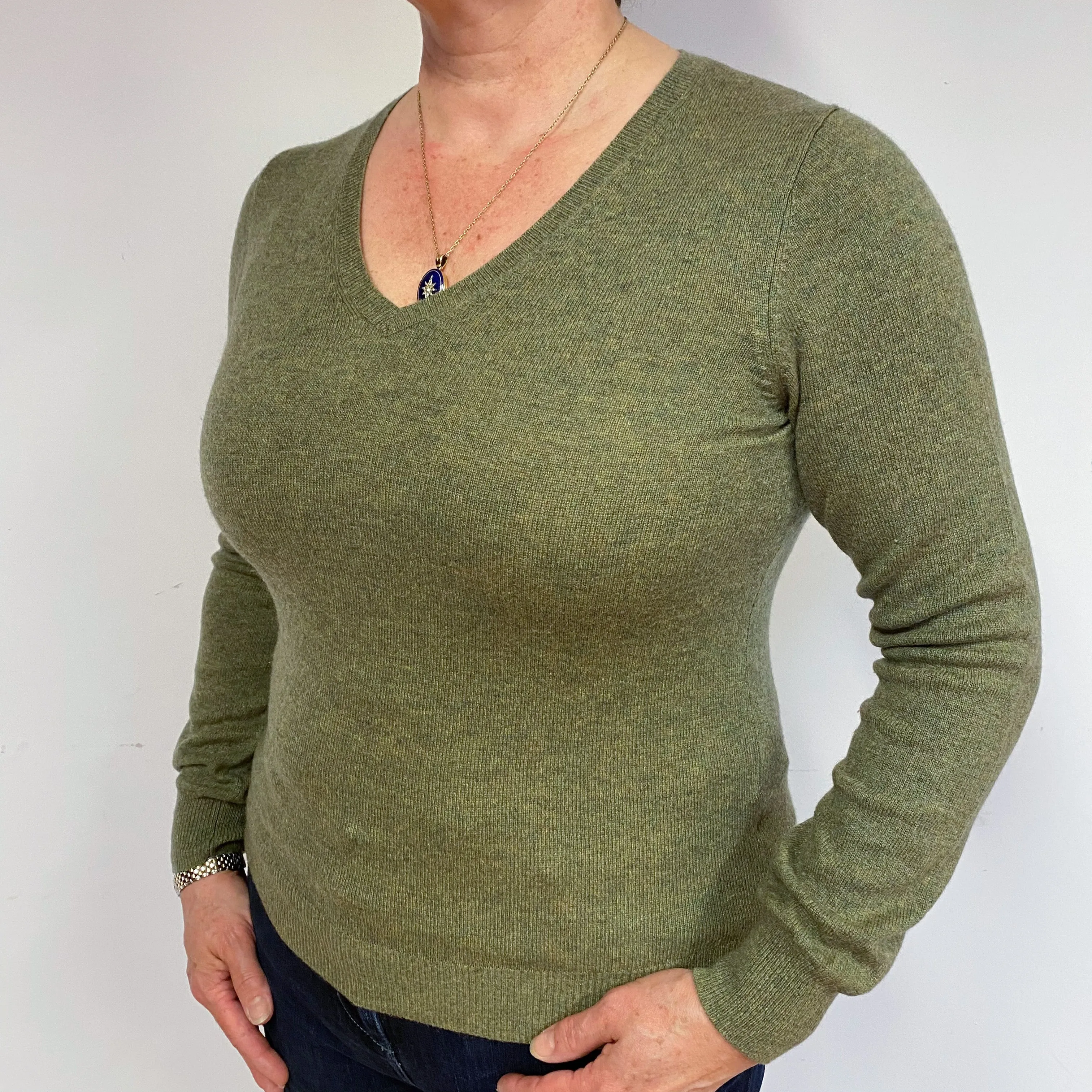Olive Green Cashmere V-Neck Jumper Large