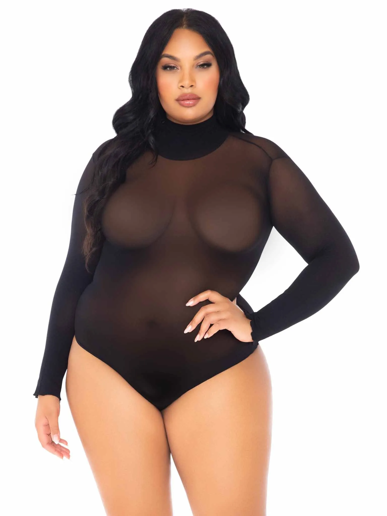 Opaque High Neck Long Sleeve Bodysuit With Snap  Crotch - 1x/2x - Black