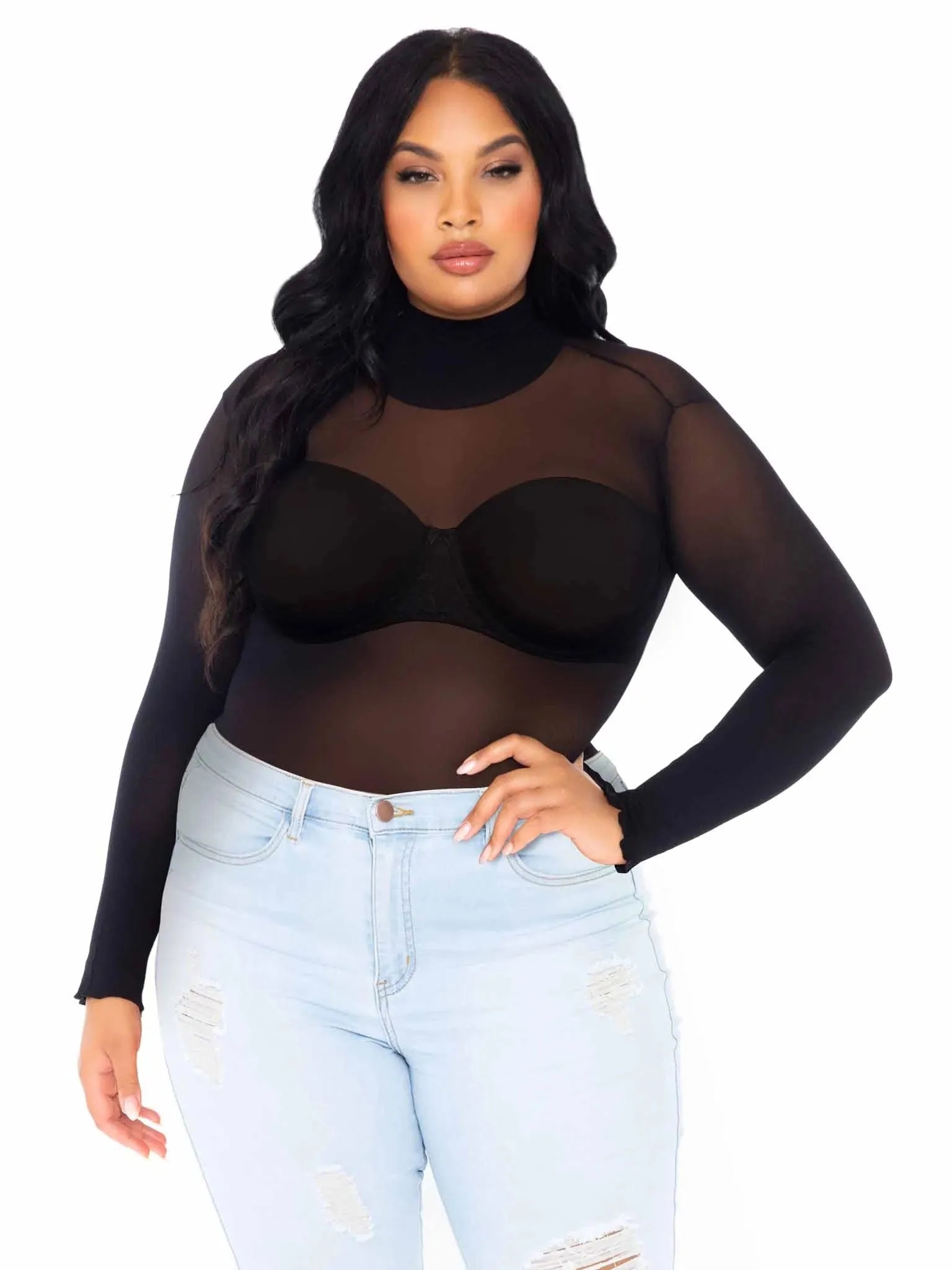 Opaque High Neck Long Sleeve Bodysuit With Snap  Crotch - 1x/2x - Black