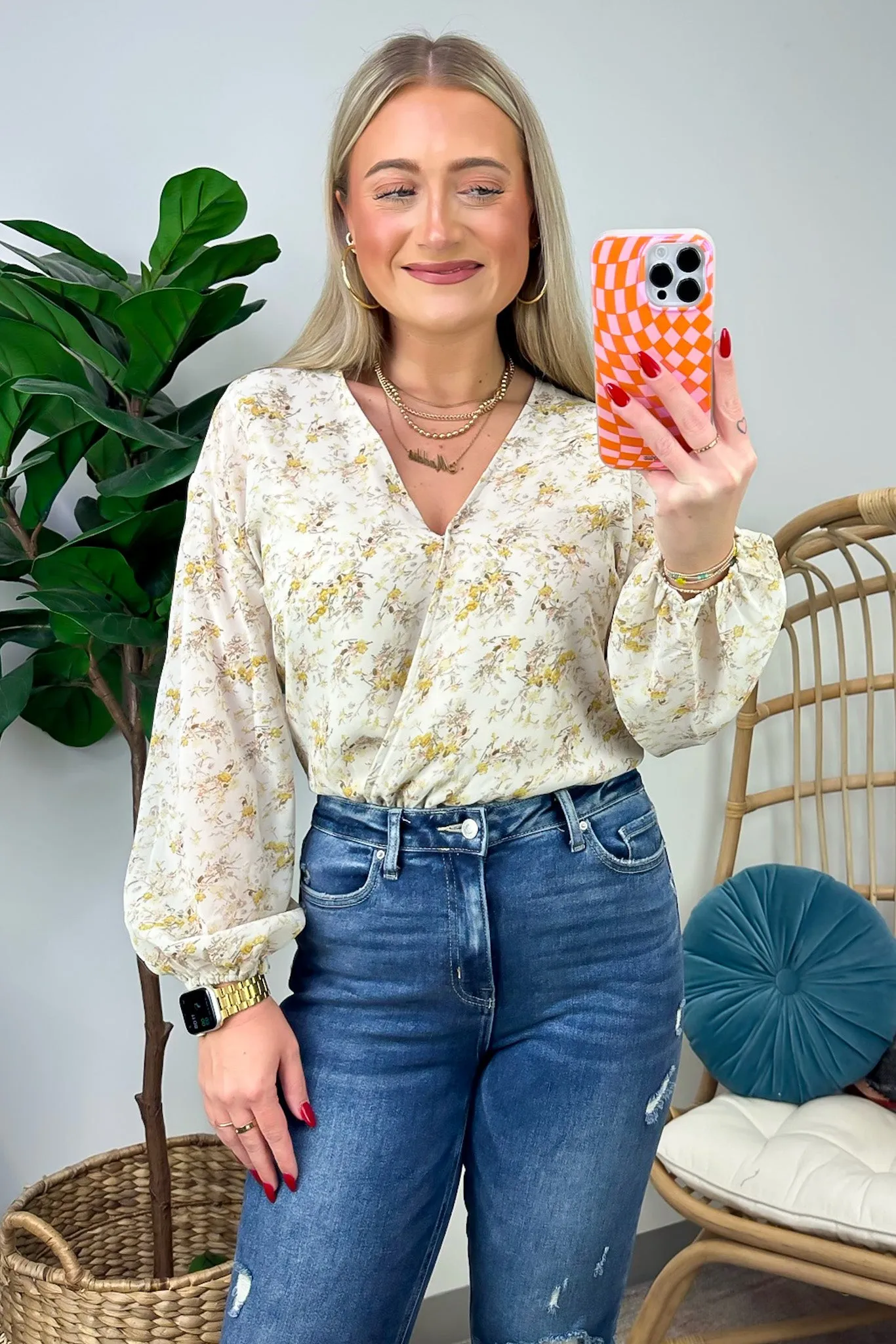 Perfectly Abloom Floral V-Neck Surplice Bodysuit - FINAL SALE