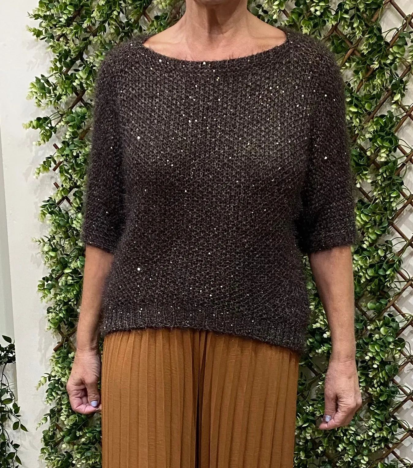 Plain Fluffy Sequin Round Neck Jumper (2 Colours)