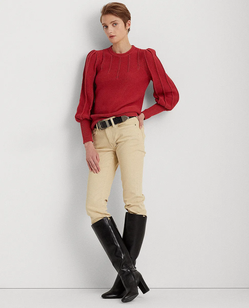 Puff-Sleeve Cotton Sweater In Red