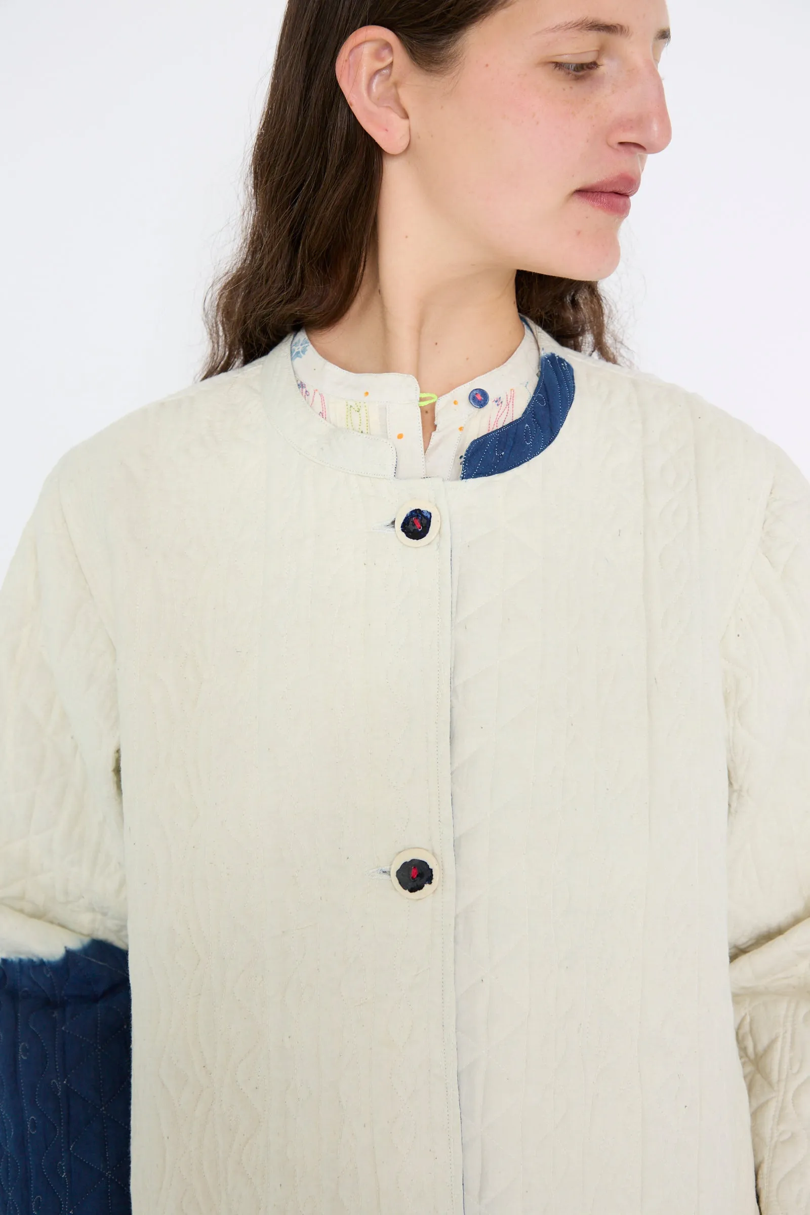 Quilted Cotton Jacket in White and Blue