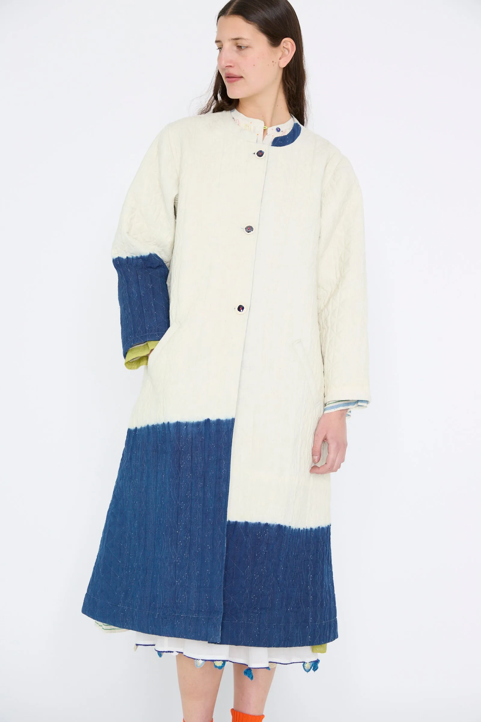 Quilted Cotton Jacket in White and Blue