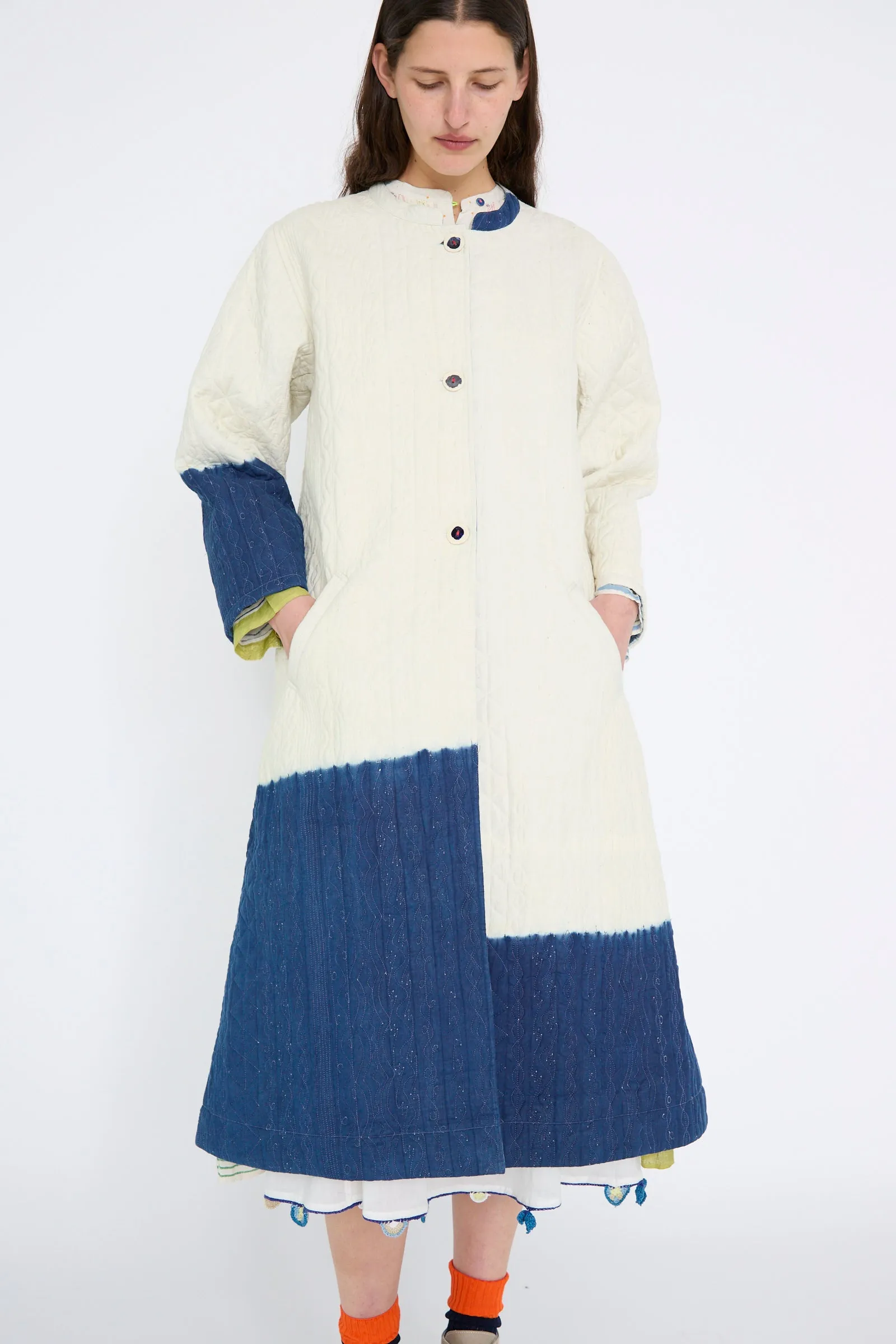 Quilted Cotton Jacket in White and Blue
