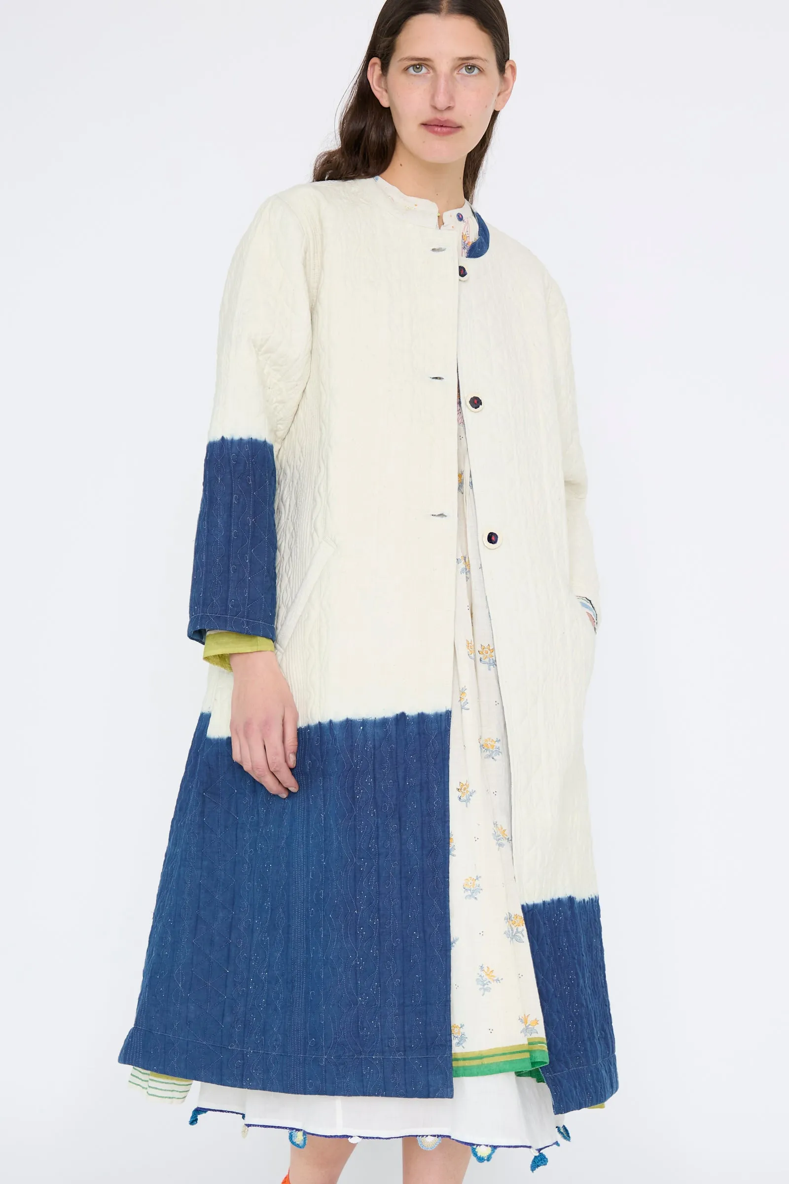 Quilted Cotton Jacket in White and Blue