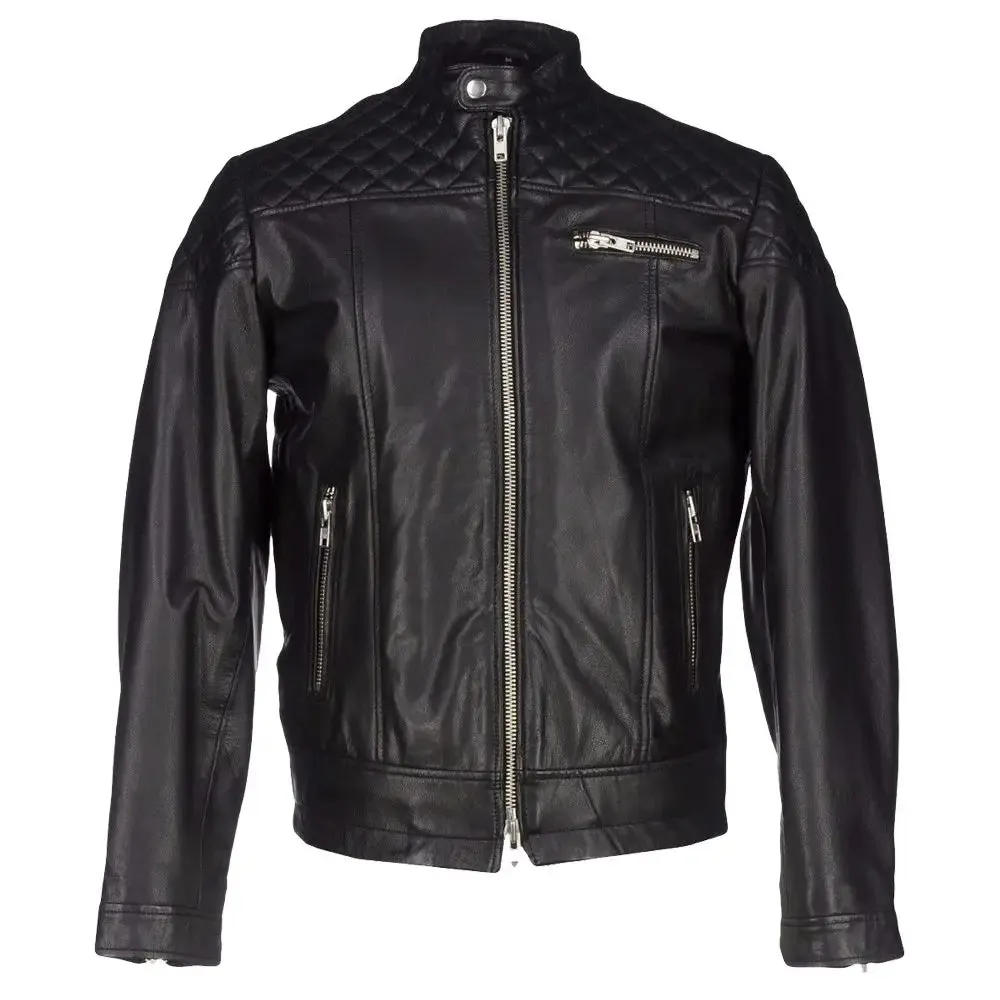 Quilted Shoulders Biker Leather Jacket