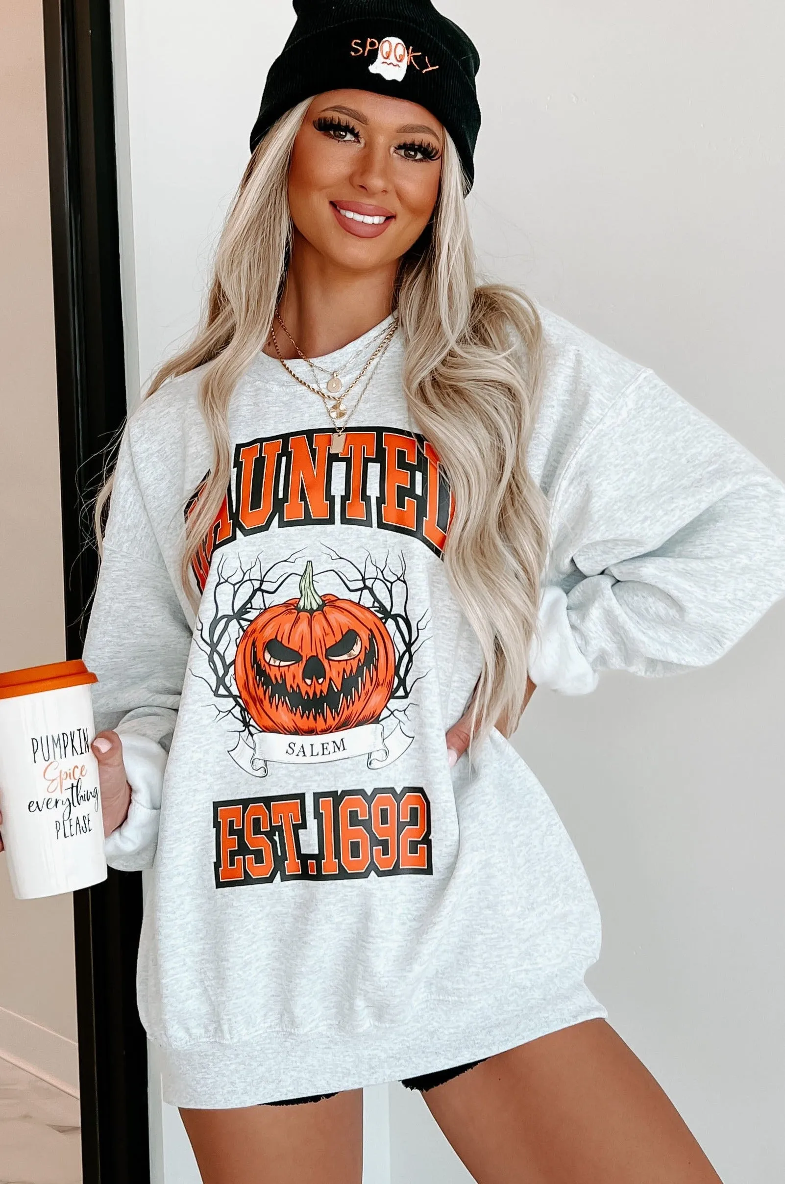 "Haunted" Graphic Crewneck (Ash) - Print On Demand
