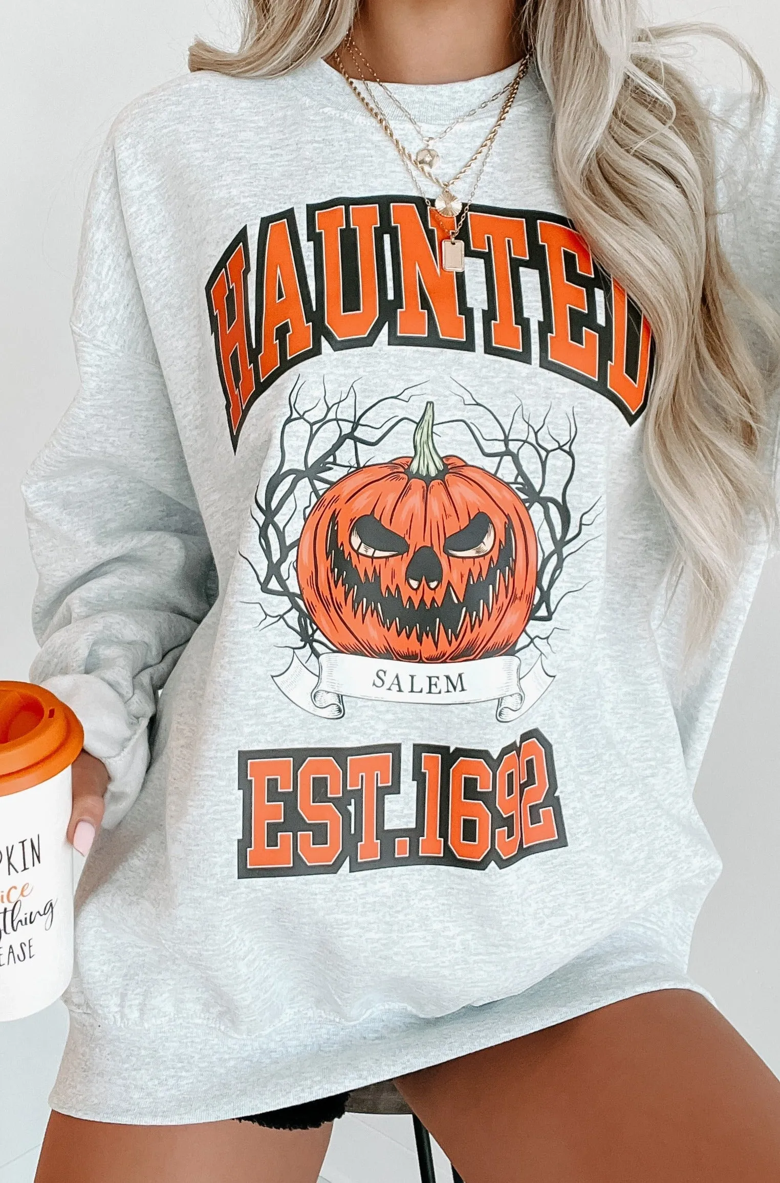 "Haunted" Graphic Crewneck (Ash) - Print On Demand