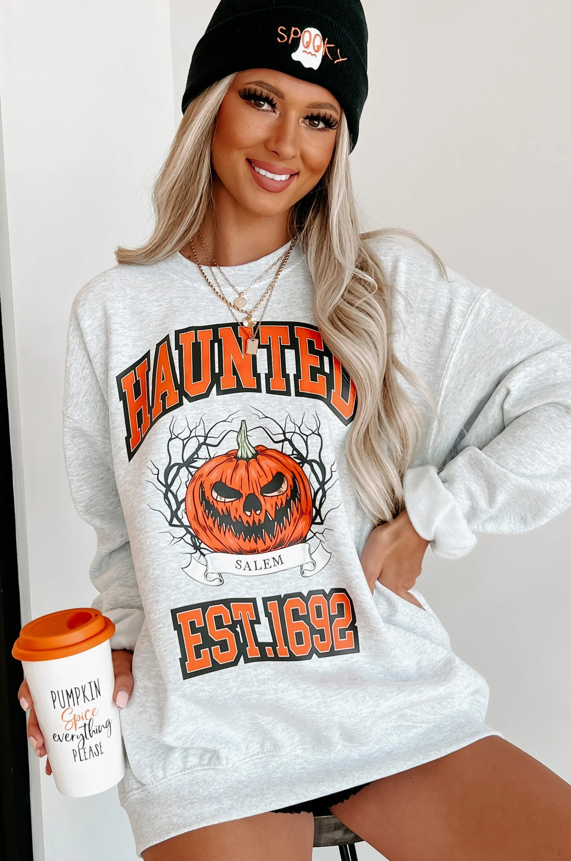 "Haunted" Graphic Crewneck (Ash) - Print On Demand