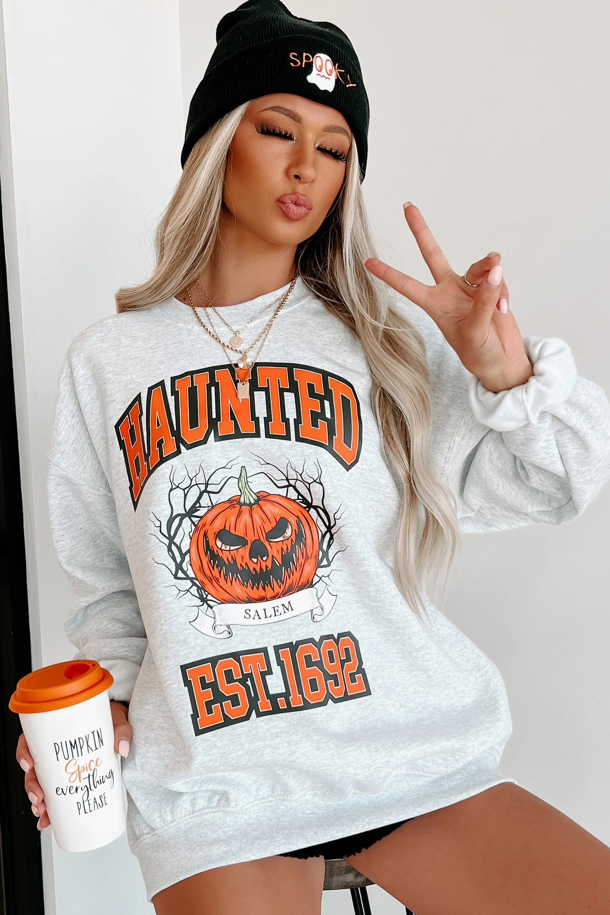 "Haunted" Graphic Crewneck (Ash) - Print On Demand