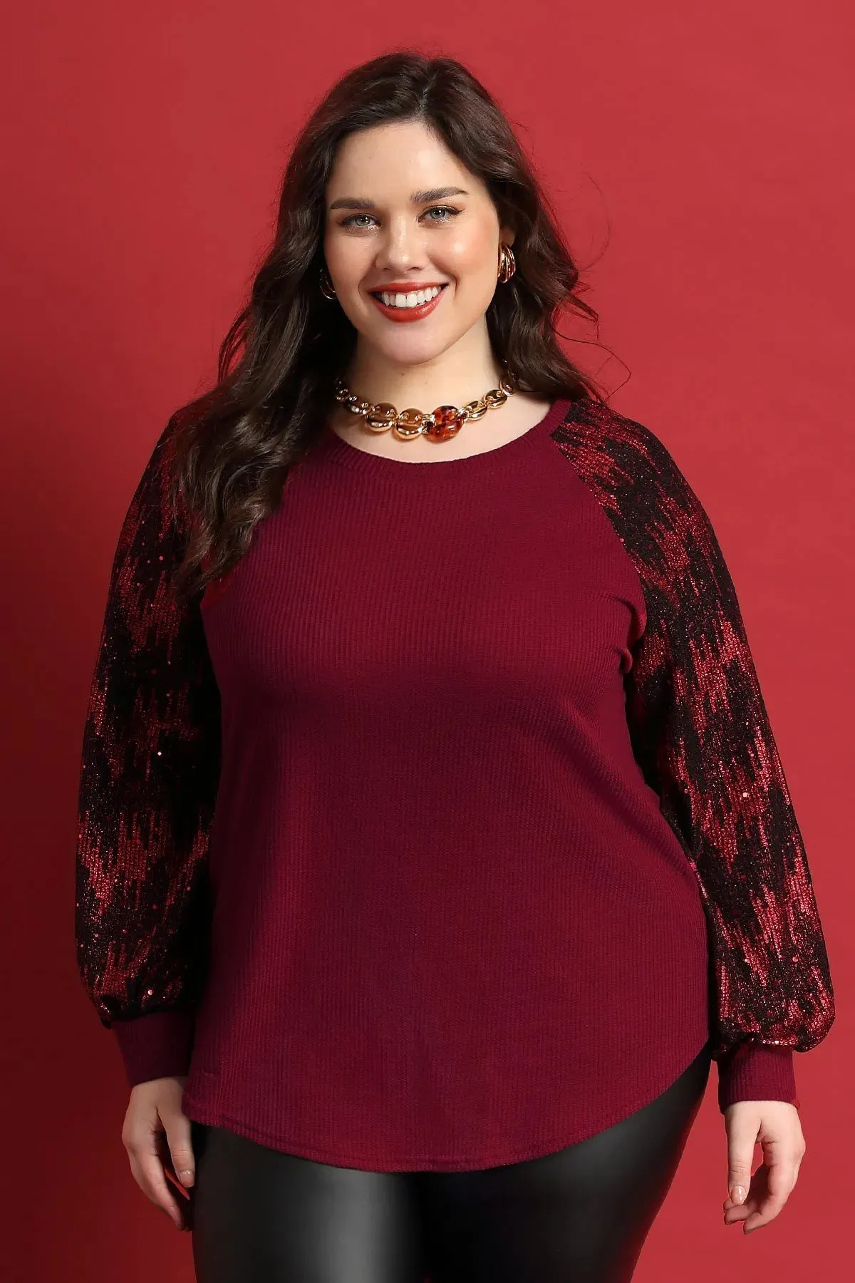 Raglan Sequin Sleeves Waffle Crewneck Shirt