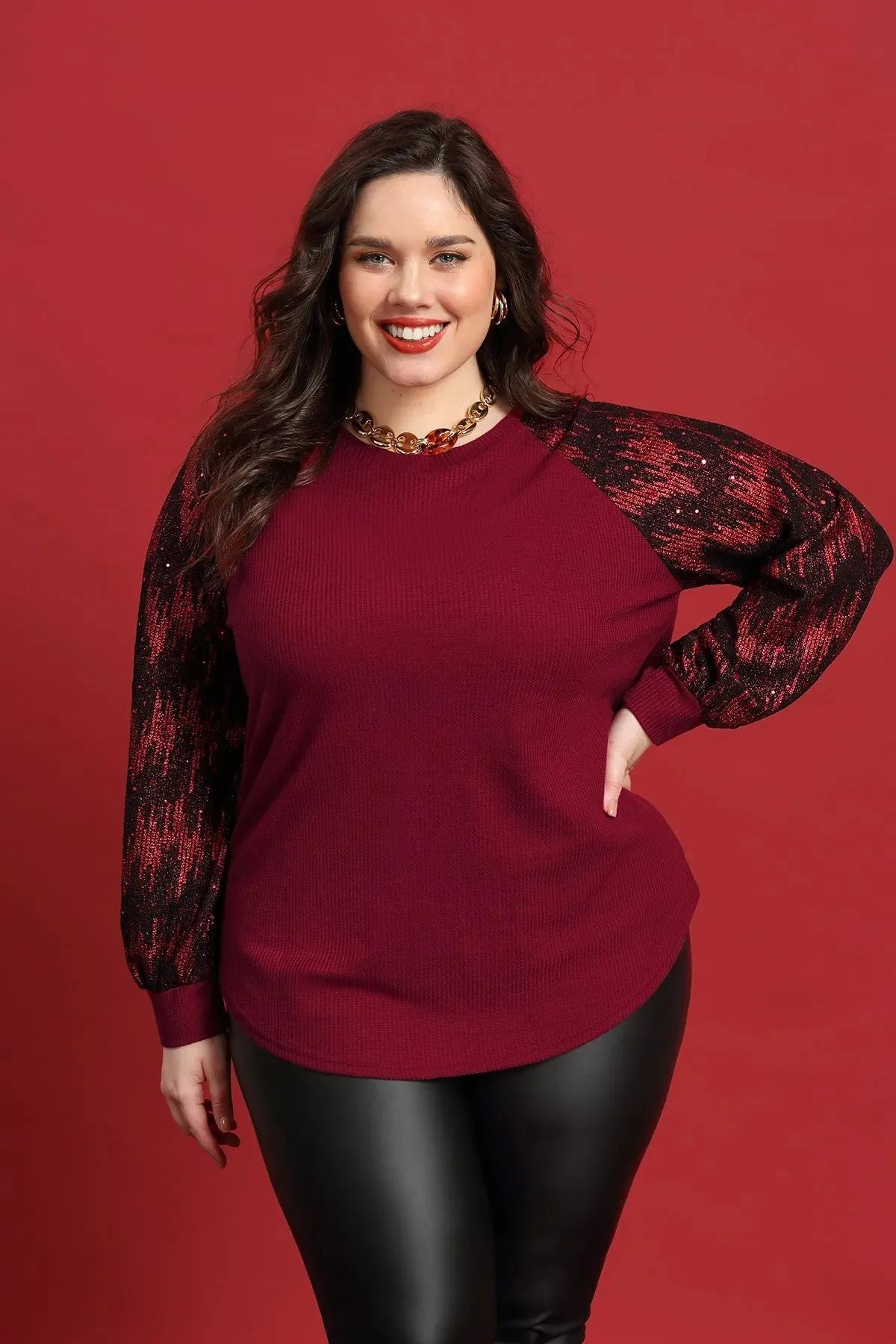 Raglan Sequin Sleeves Waffle Crewneck Shirt