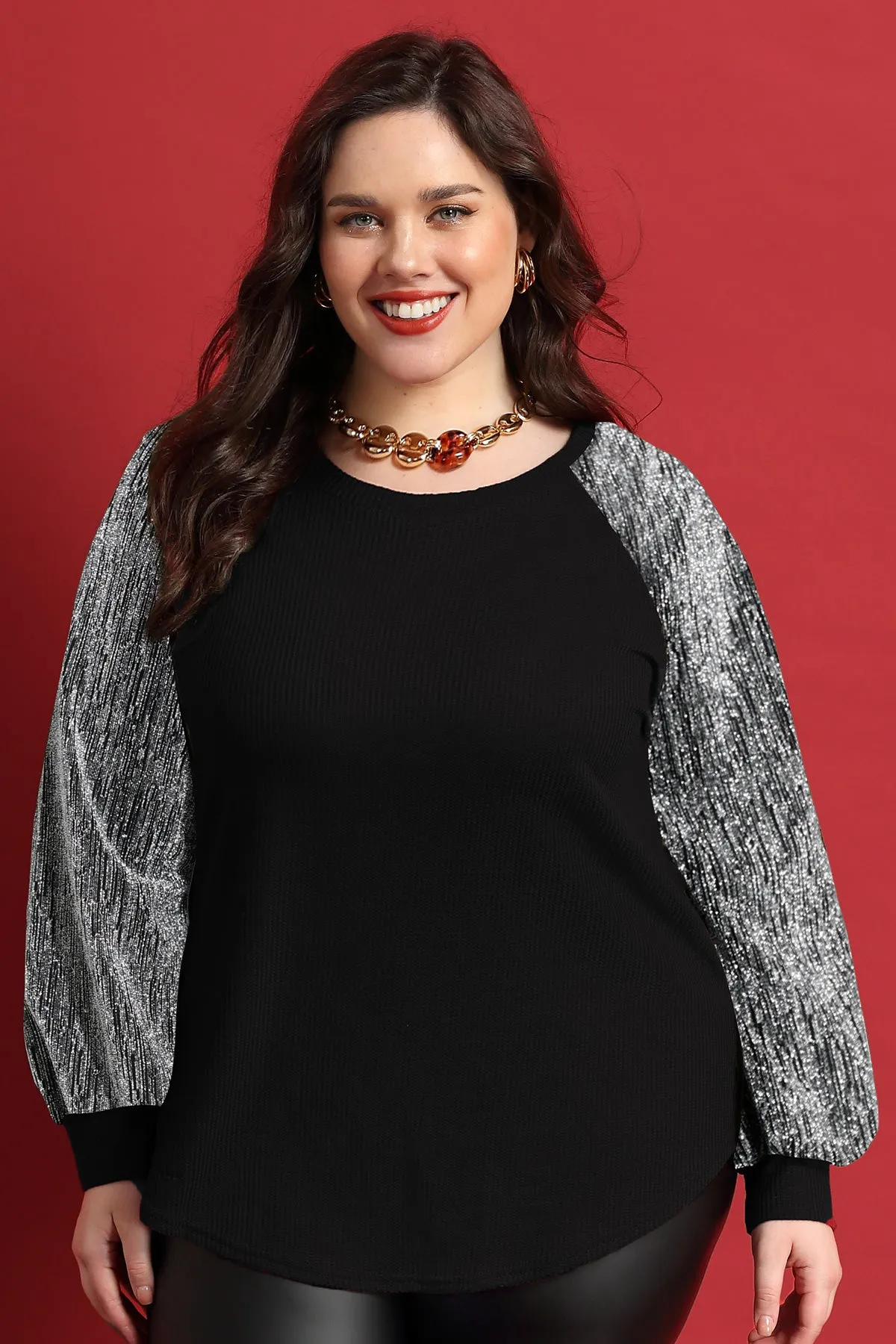 Raglan Sequin Sleeves Waffle Crewneck Shirt