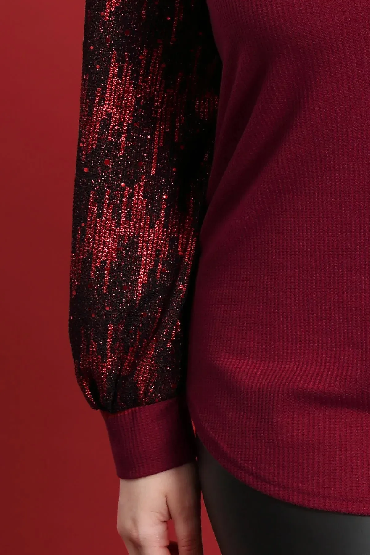 Raglan Sequin Sleeves Waffle Crewneck Shirt