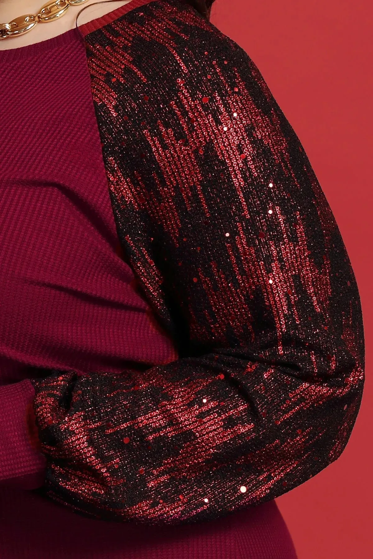 Raglan Sequin Sleeves Waffle Crewneck Shirt