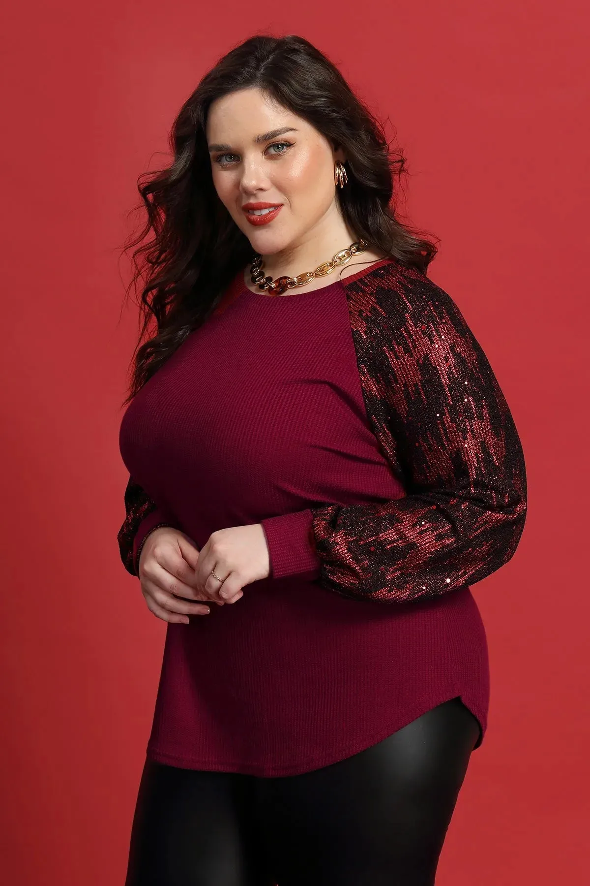 Raglan Sequin Sleeves Waffle Crewneck Shirt
