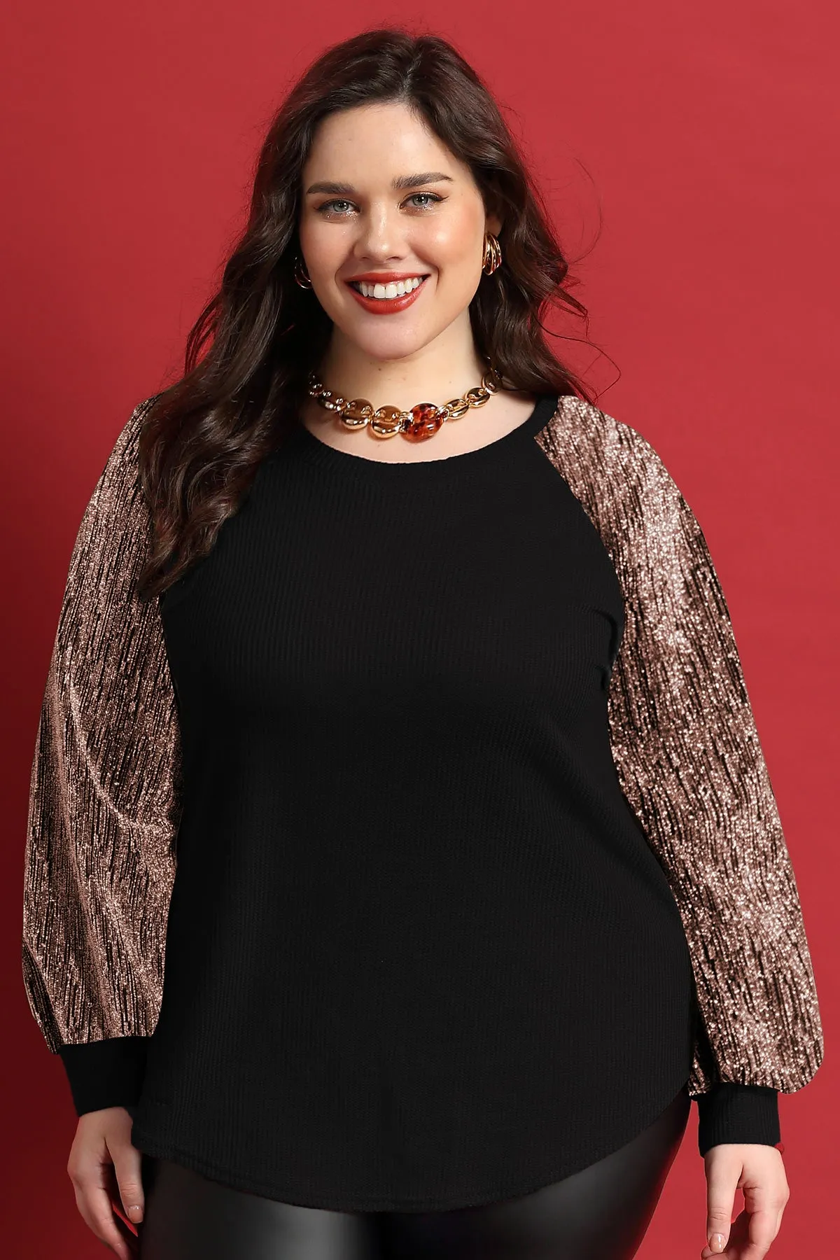 Raglan Sequin Sleeves Waffle Crewneck Shirt