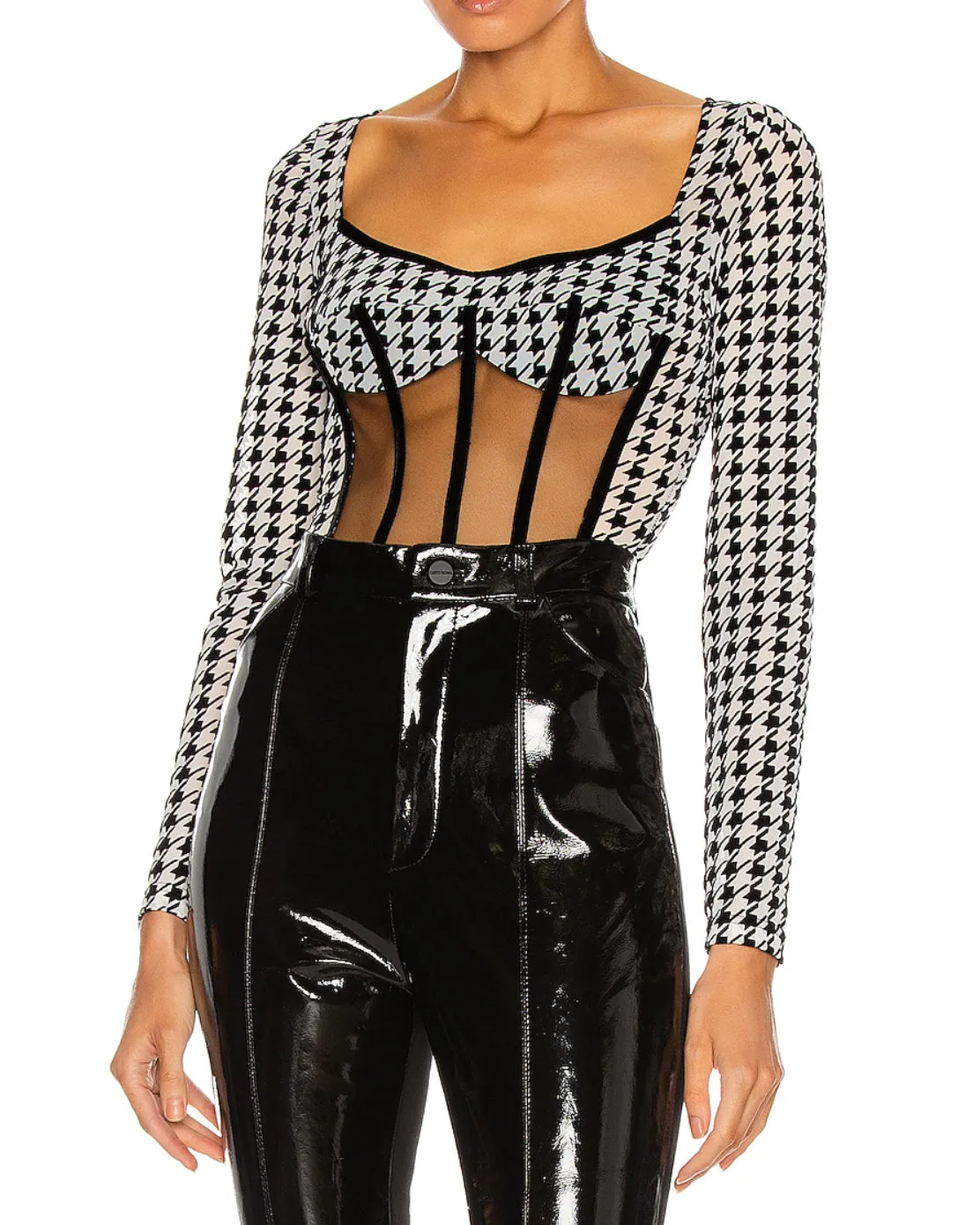 Runway Houndstooth Corset Bodysuit