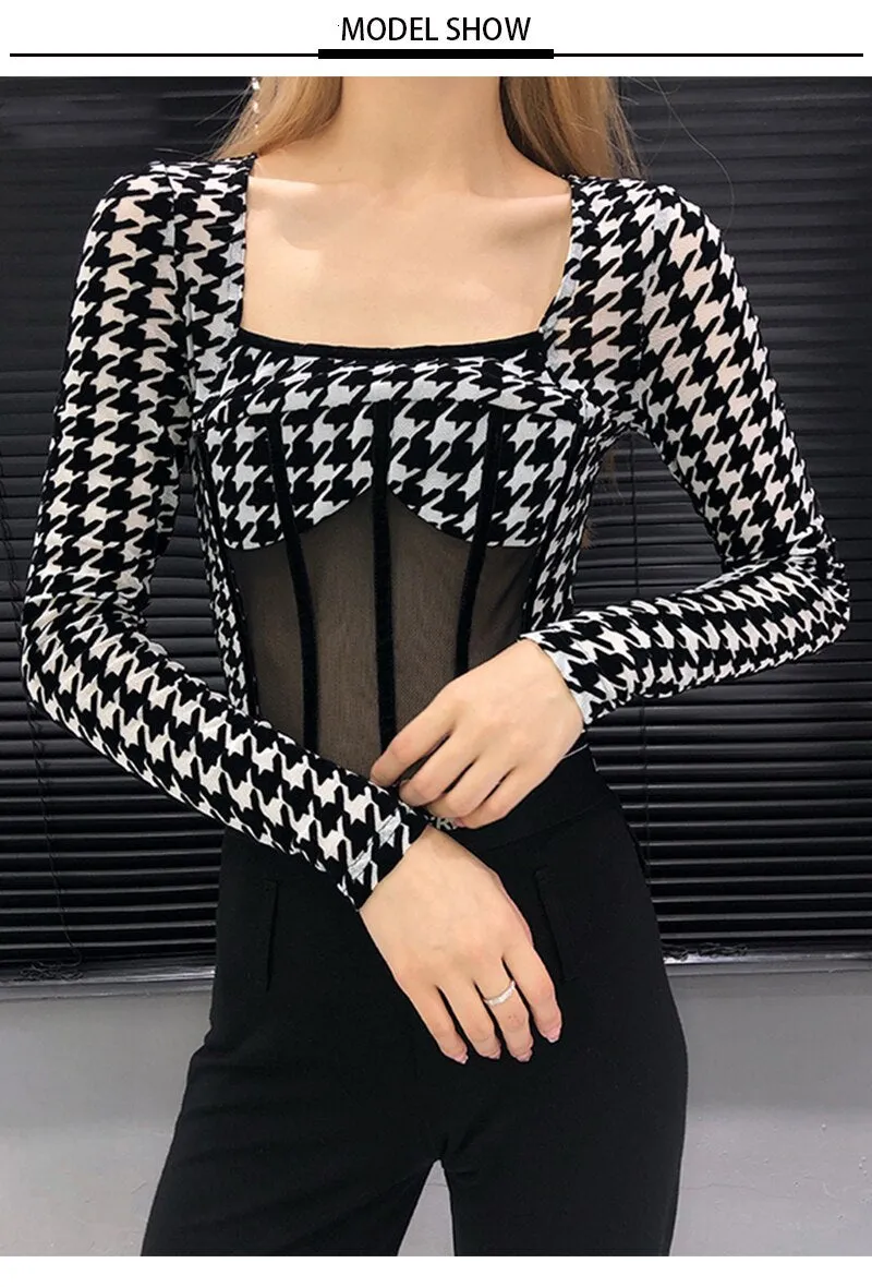 Runway Houndstooth Corset Bodysuit
