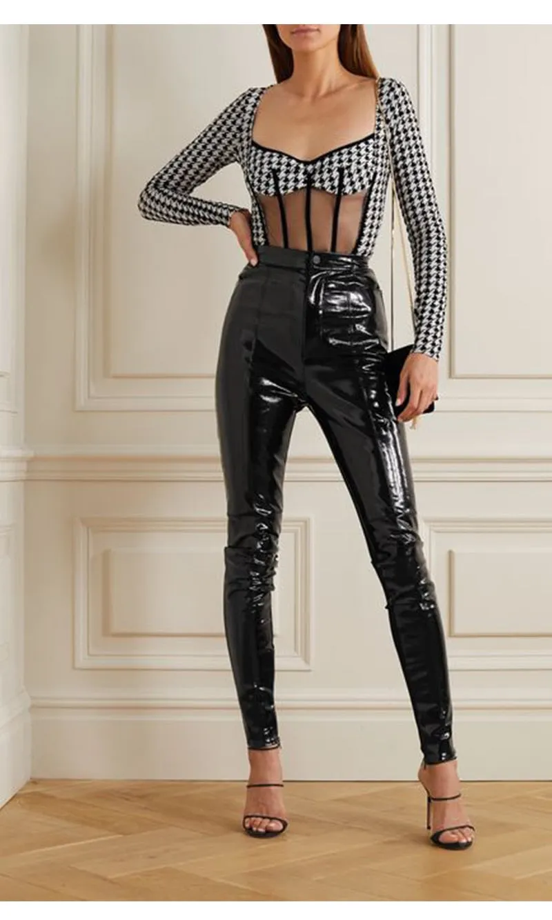Runway Houndstooth Corset Bodysuit