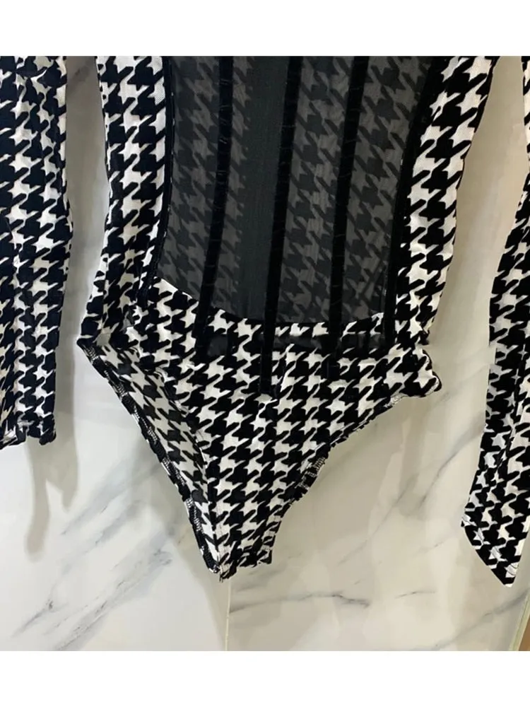 Runway Houndstooth Corset Bodysuit