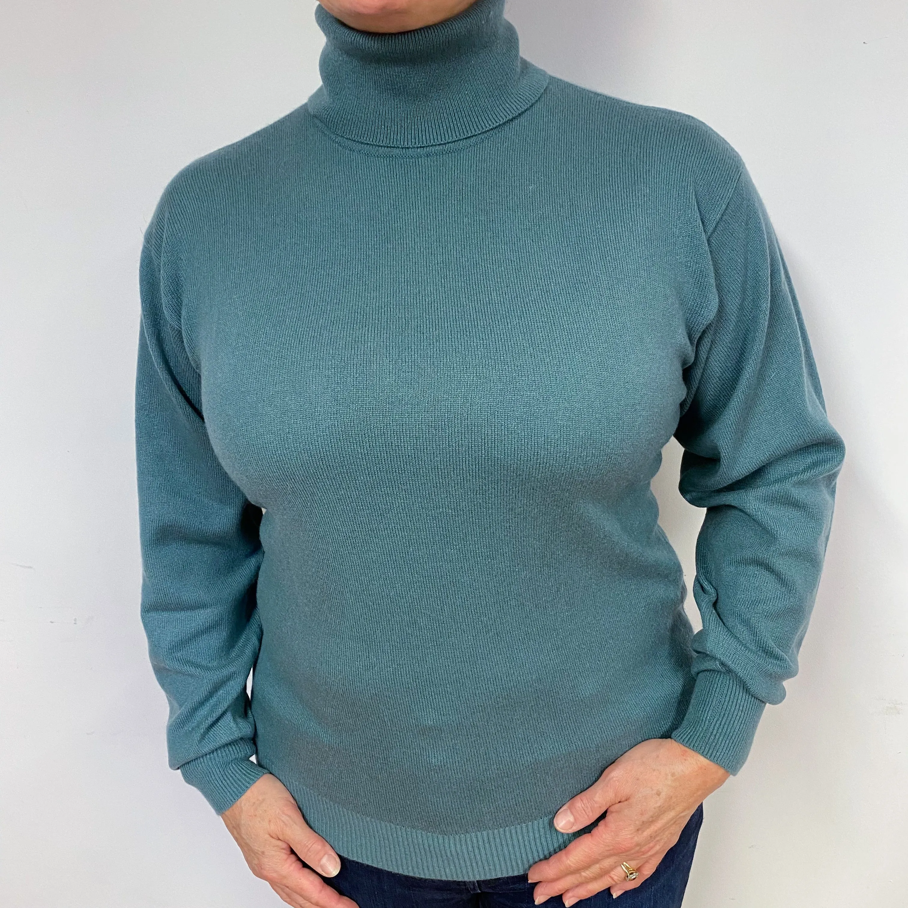 Sea Green Cashmere Polo Neck Jumper Large