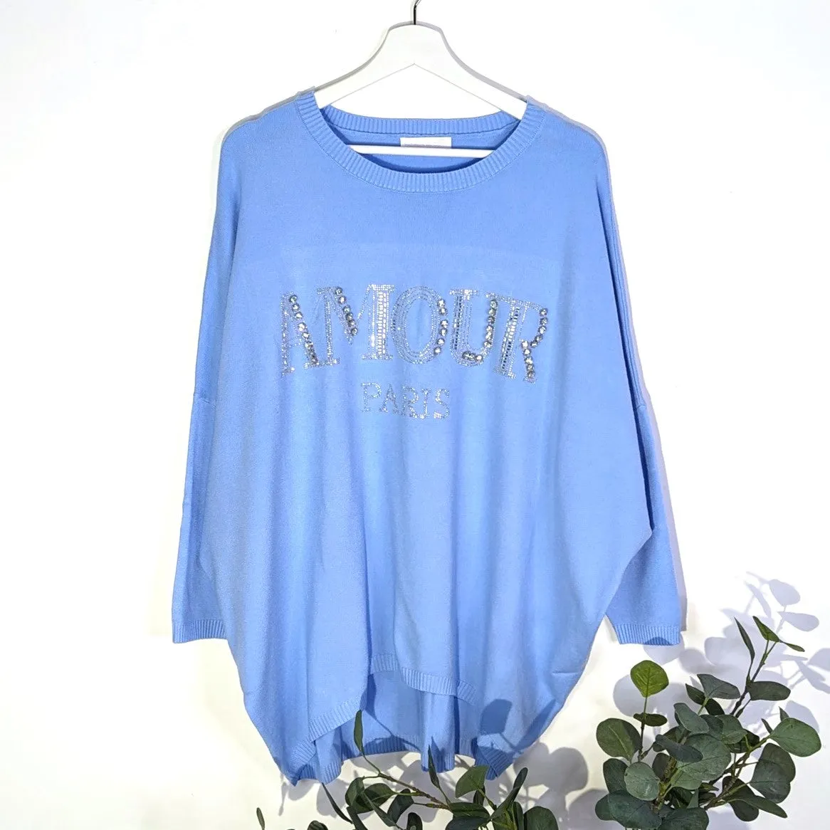 Soft viscose mix hi-lo jumper with 'Amour' crystal embellishment (M-XL)