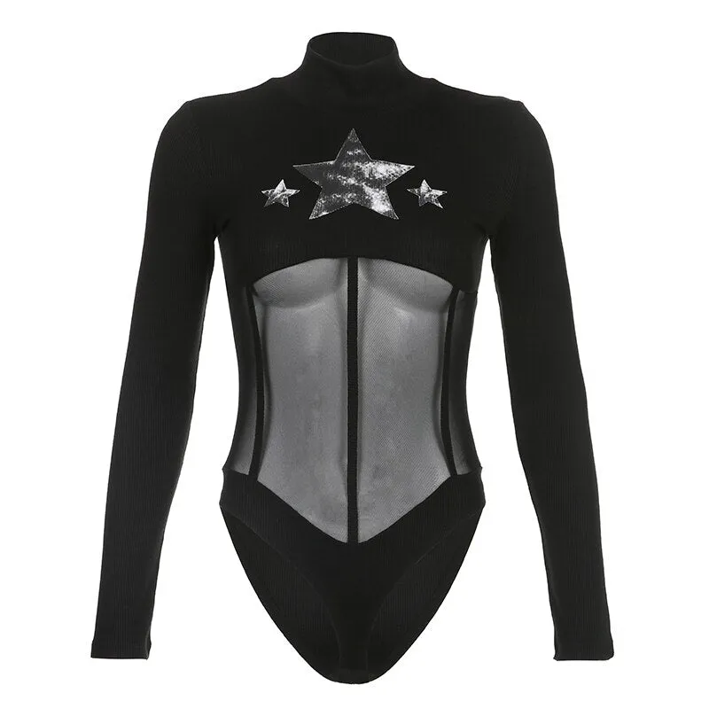 Star Print Mesh Patchwork Bodycon Bodysuit