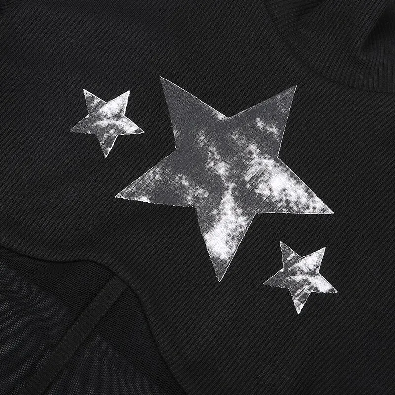 Star Print Mesh Patchwork Bodycon Bodysuit