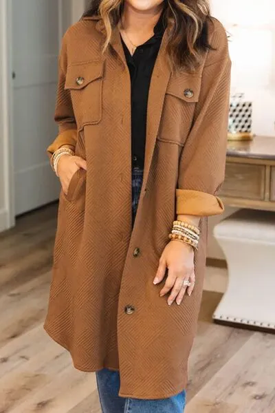 Texture Button Up Collared Neck Longline Shacket | Solid Pocketed Shacket