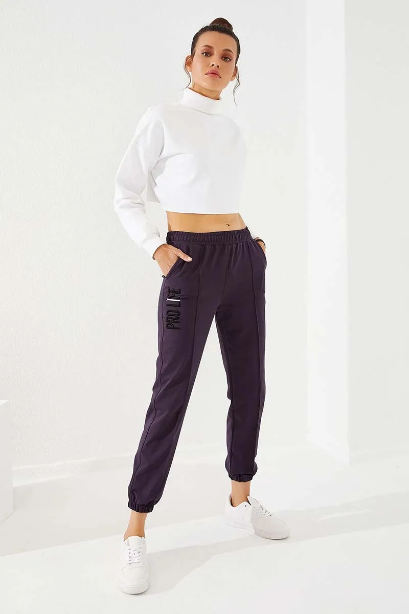 TMY Purple Text Embroidered Comfort Fit Elastic Cuff Women's Sweatpants - 94571 - Ameca