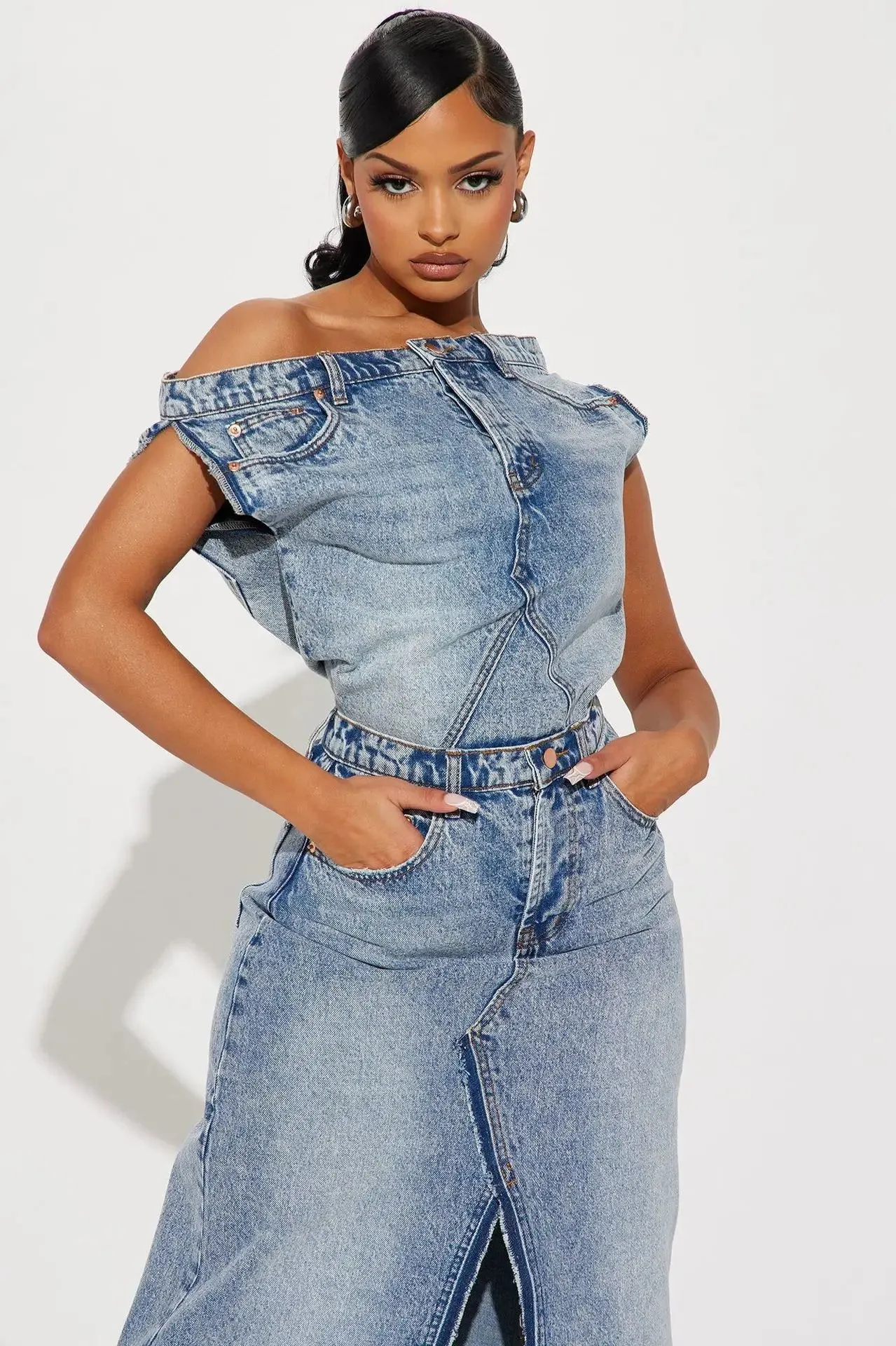 Two Pieces Denim Skirt Set Sexy Women Vintage Jeans Casual Outfit Top Split Skirt