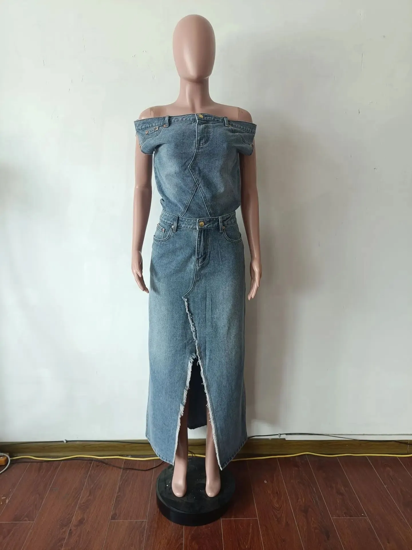 Two Pieces Denim Skirt Set Sexy Women Vintage Jeans Casual Outfit Top Split Skirt