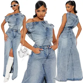 Two Pieces Denim Skirt Set Sexy Women Vintage Jeans Casual Outfit Top Split Skirt
