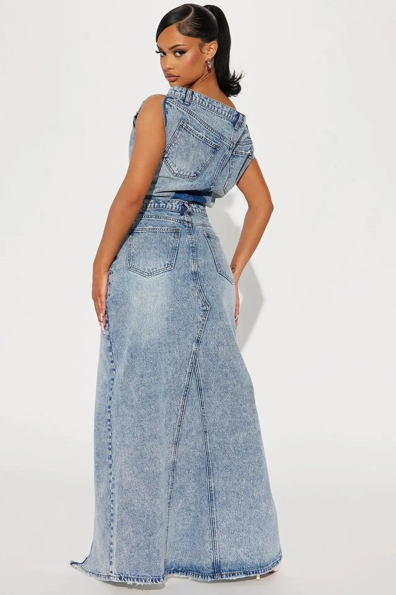 Two Pieces Denim Skirt Set Sexy Women Vintage Jeans Casual Outfit Top Split Skirt
