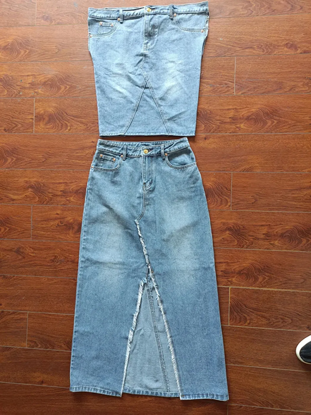 Two Pieces Denim Skirt Set Sexy Women Vintage Jeans Casual Outfit Top Split Skirt