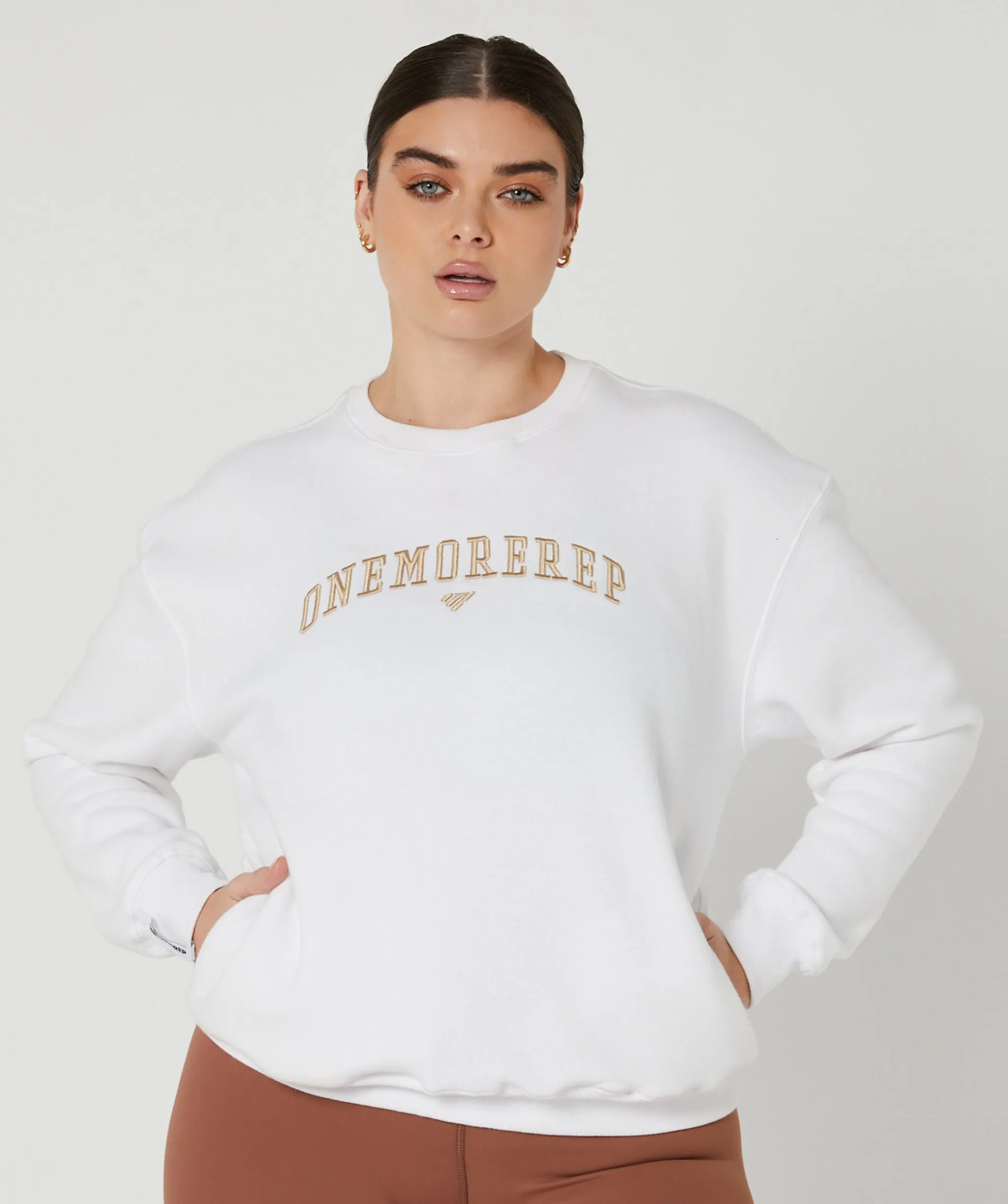 Varsity Crewneck Jumper (White/Tan) by OneMoreRep