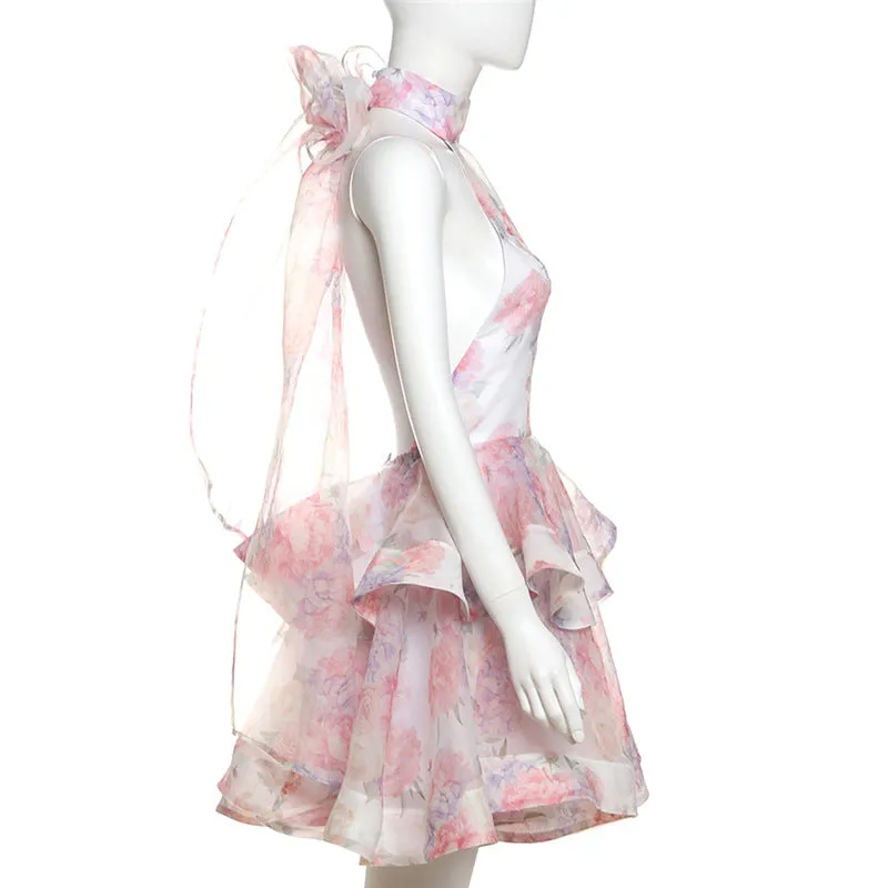 Women Floral Printed Backless Short Dress
