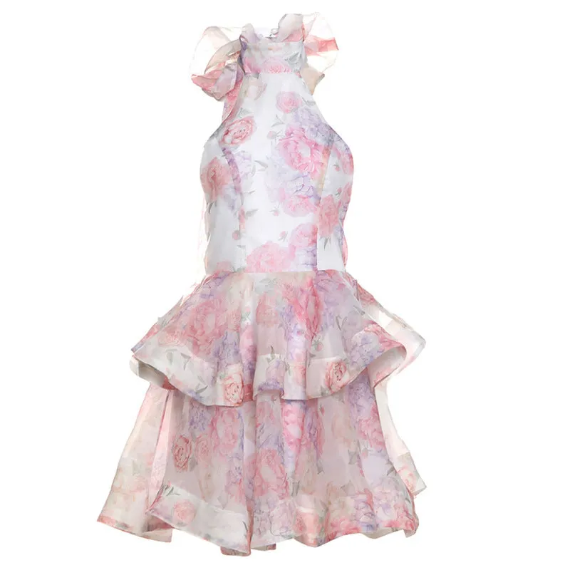Women Floral Printed Backless Short Dress