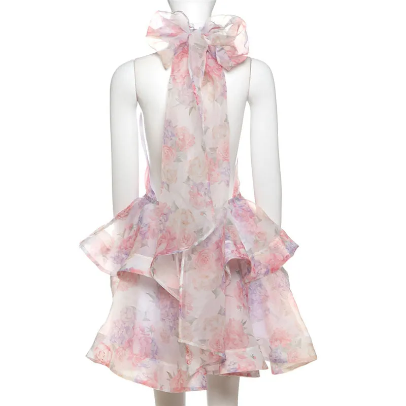 Women Floral Printed Backless Short Dress