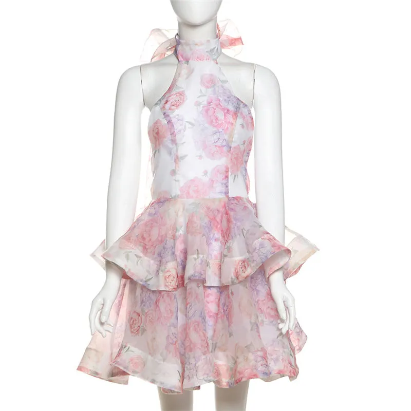 Women Floral Printed Backless Short Dress