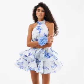 Women Floral Printed Backless Short Dress