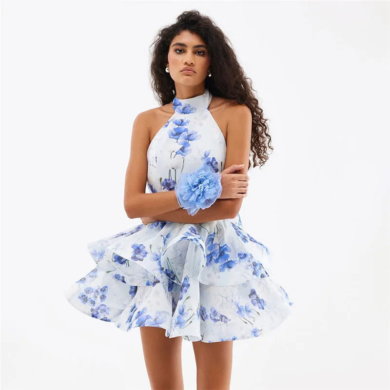 Women Floral Printed Backless Short Dress