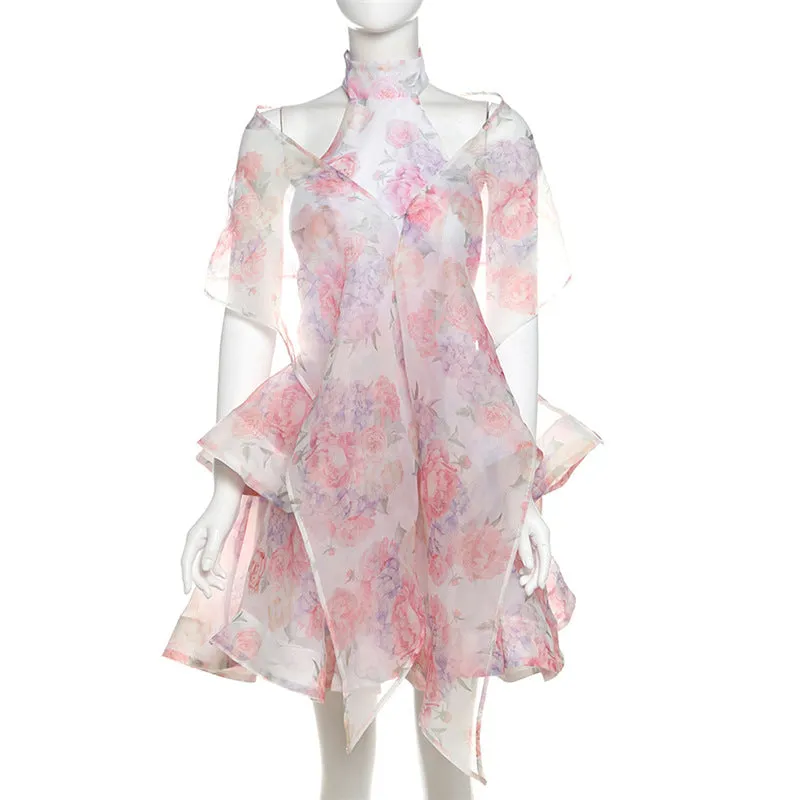 Women Floral Printed Backless Short Dress