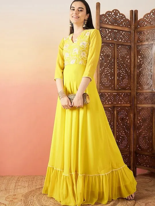 Yellow Sequence Embroidered Flared Maxi Ethnic Dresses